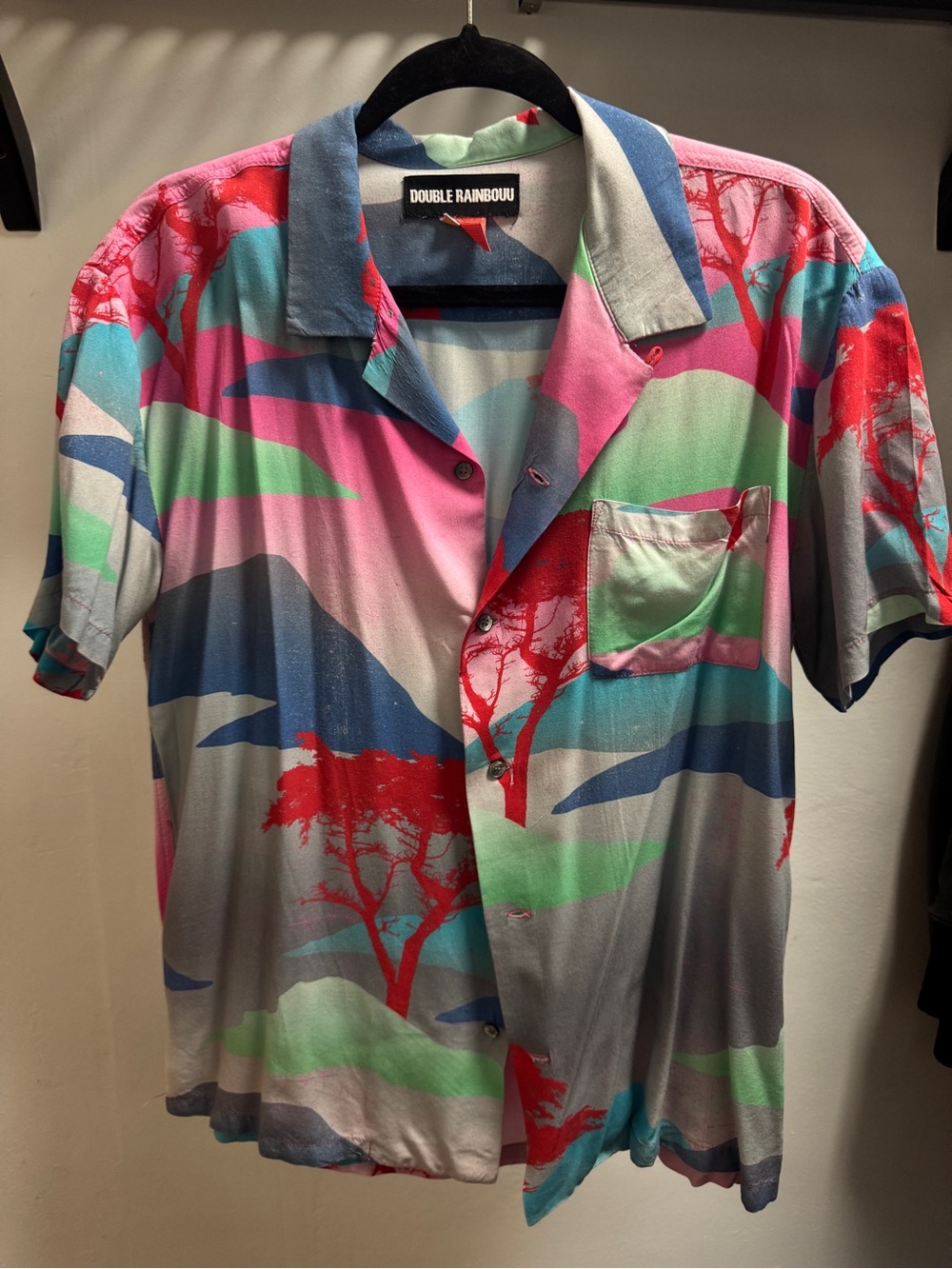 Short-Sleeve Pink Multicolor Printed Button-Down Shirt